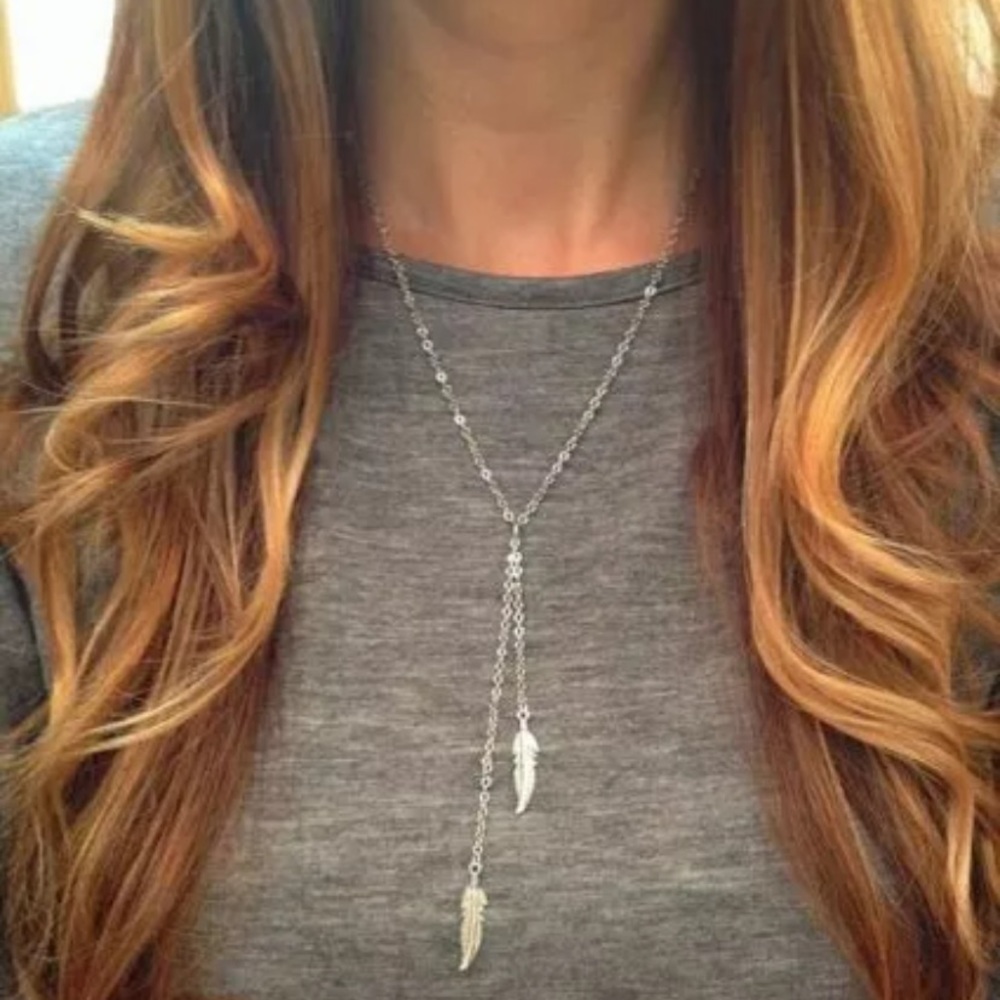 2-Layered Silver Dangle Feather Pendant Necklaces